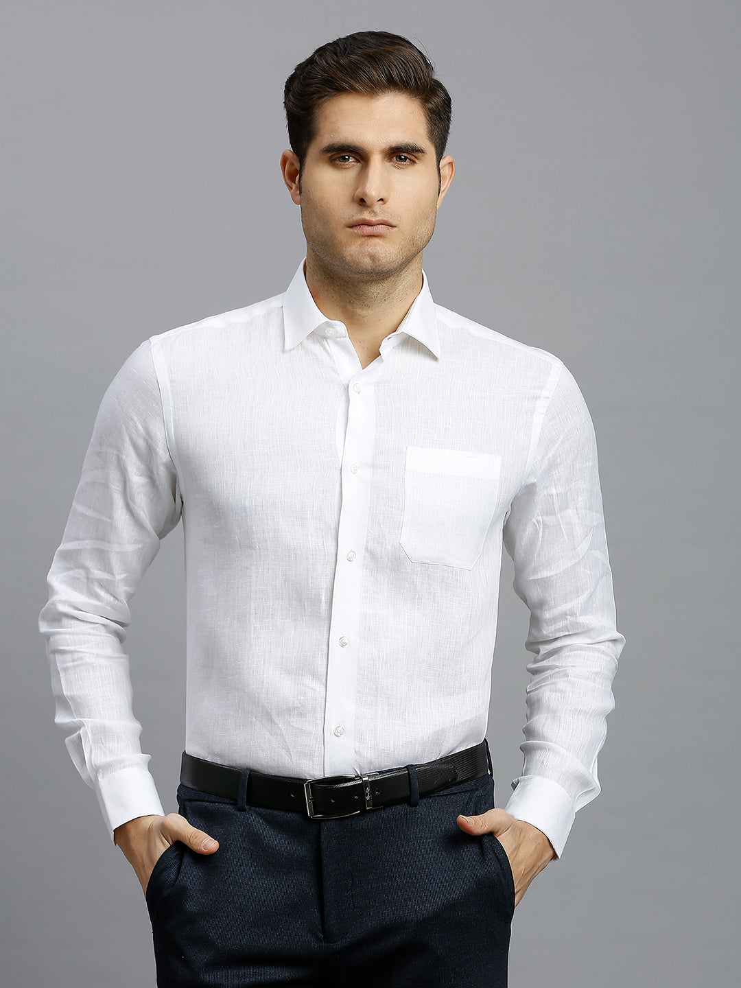 White Solid 100% Linen Regular Fit Formal Full Sleeve Shirt