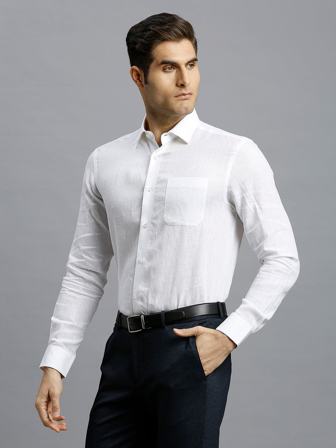 White Solid 100% Linen Regular Fit Formal Full Sleeve Shirt