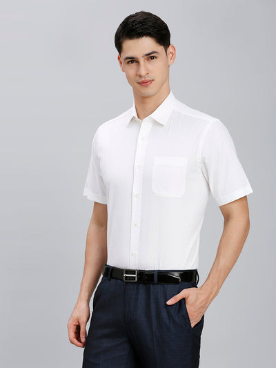 Men's Pure Cotton Dobby Solid Regular Fit Half Sleeve Formal Shirt - White