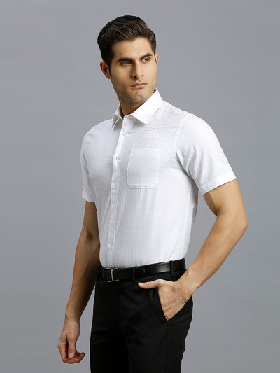 Men's Pure Cotton Dobby Solid Regular Fit Half Sleeve Formal Shirt - White