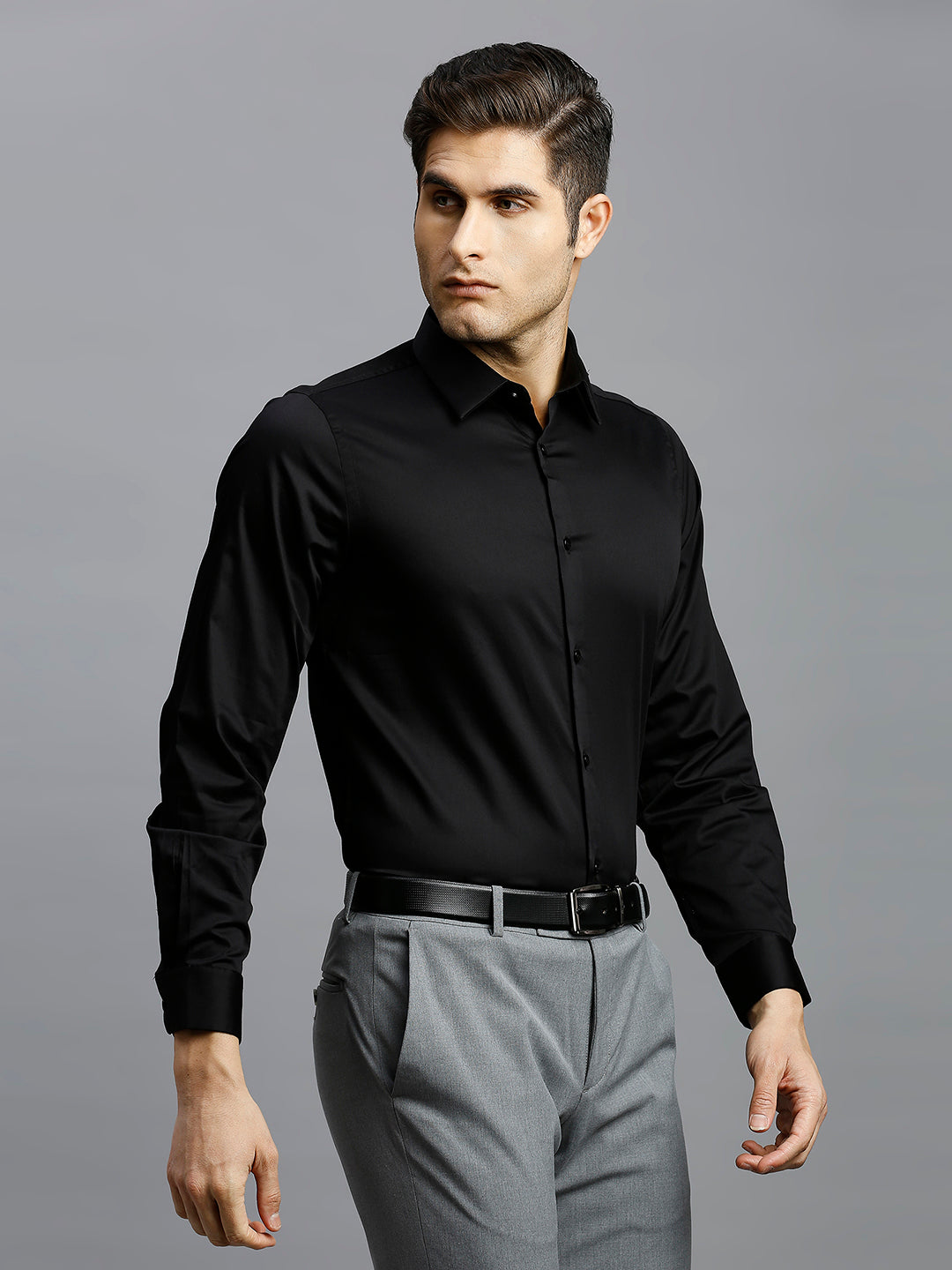 Black Solid 60'S Satin Lycra Slim Fit Formal Full Sleeve Shirt