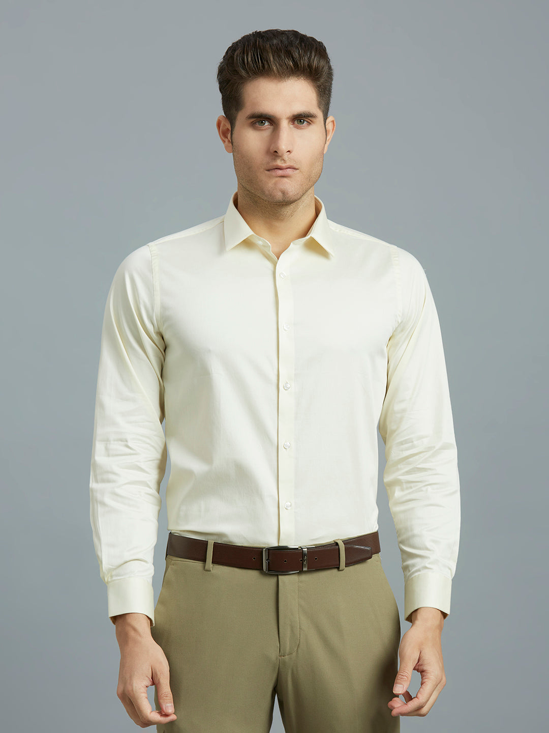 Cream Solid 60'S Satin Lycra Slim Fit Formal Full Sleeve Shirt