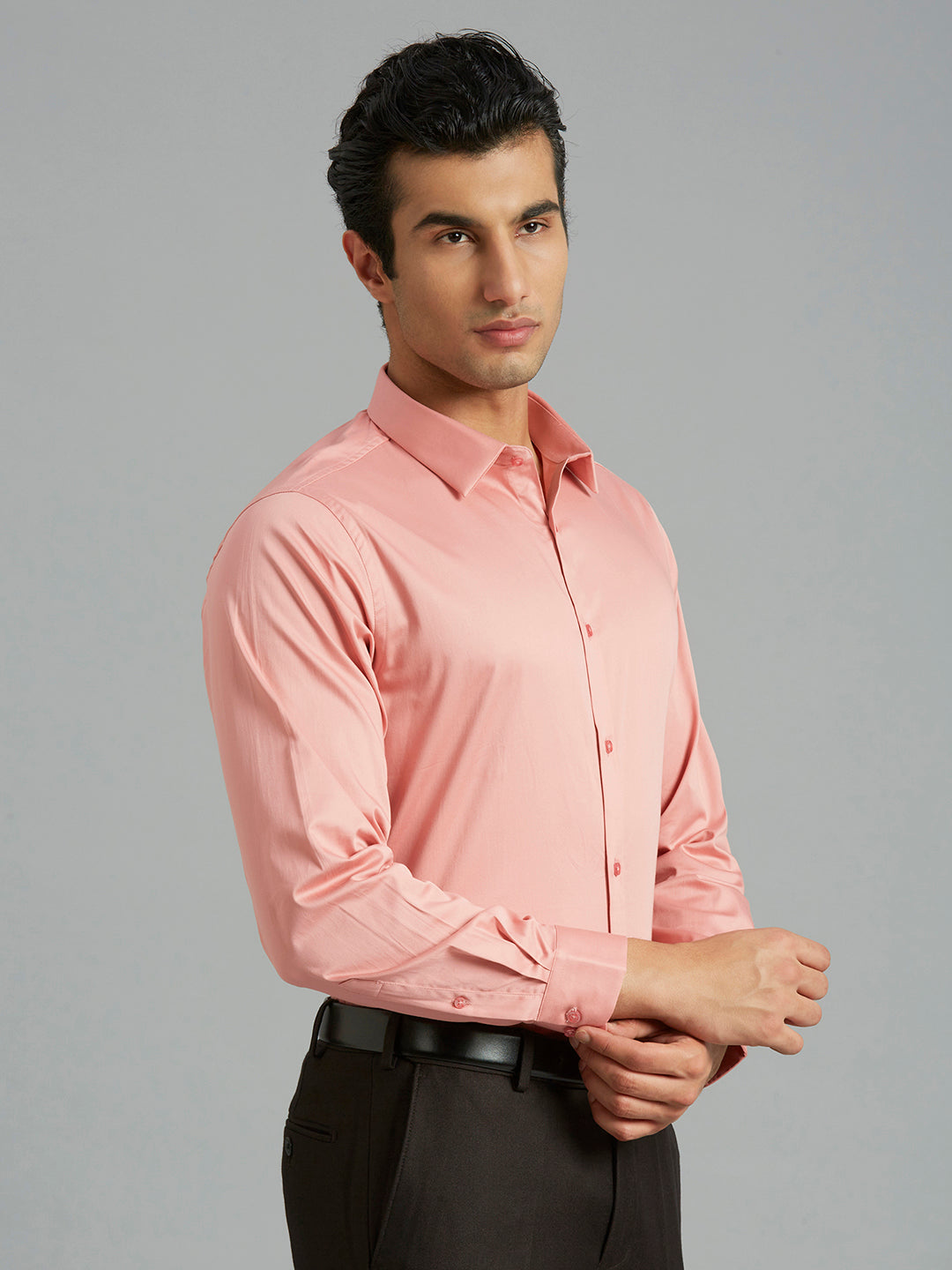 Dark Peach Solid 60'S Satin Lycra Slim Fit Formal Full Sleeve Shirt