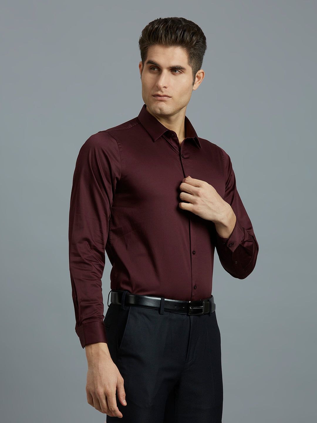 Dark Wine Solid 60'S Satin Lycra Slim Fit Formal Full Sleeve Shirt