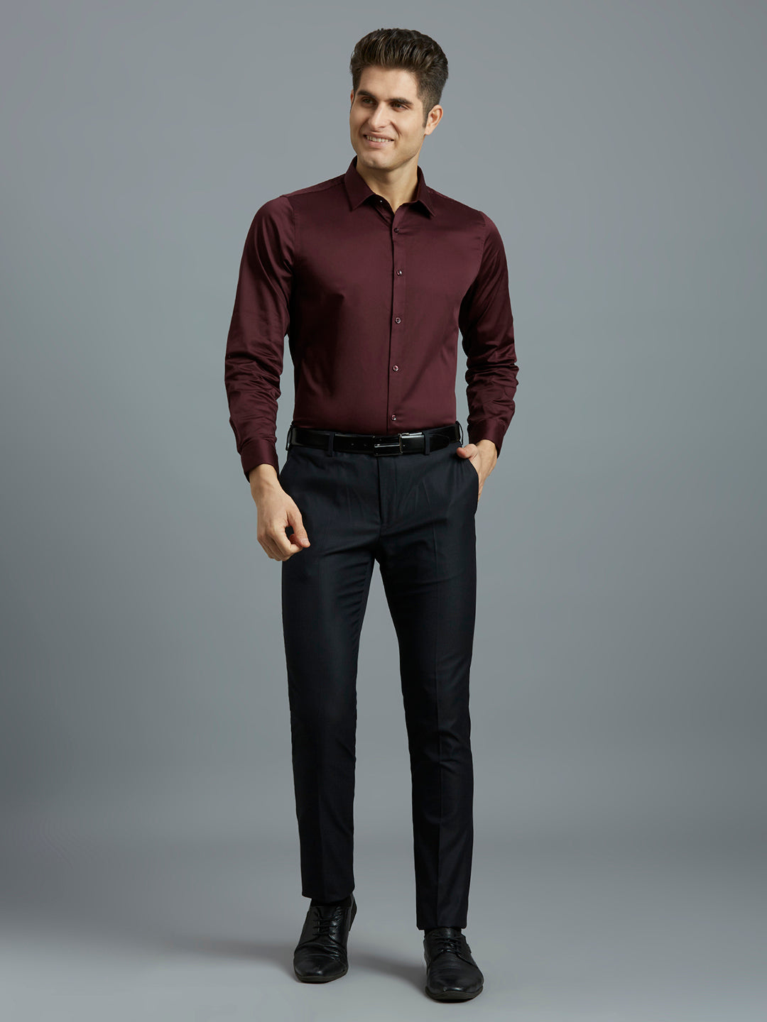 Dark Wine Solid 60'S Satin Lycra Slim Fit Formal Full Sleeve Shirt