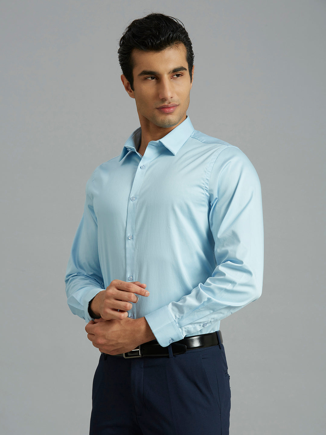Light Blue Solid 60'S Satin Lycra Slim Fit Formal Full Sleeve Shirt