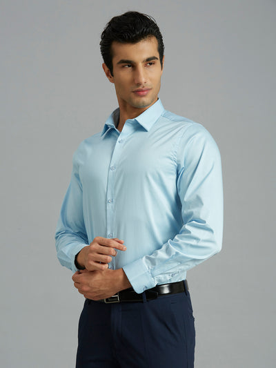 Men's Cotton Stretch Plain Slim Fit Full Sleeve Formal Shirt - Light Blue