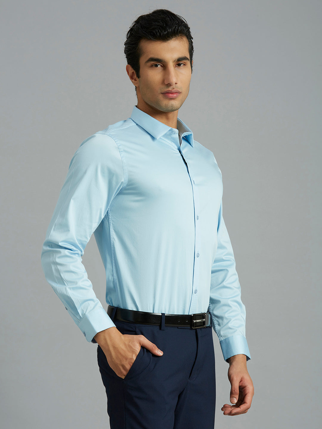 Light Blue Solid 60'S Satin Lycra Slim Fit Formal Full Sleeve Shirt