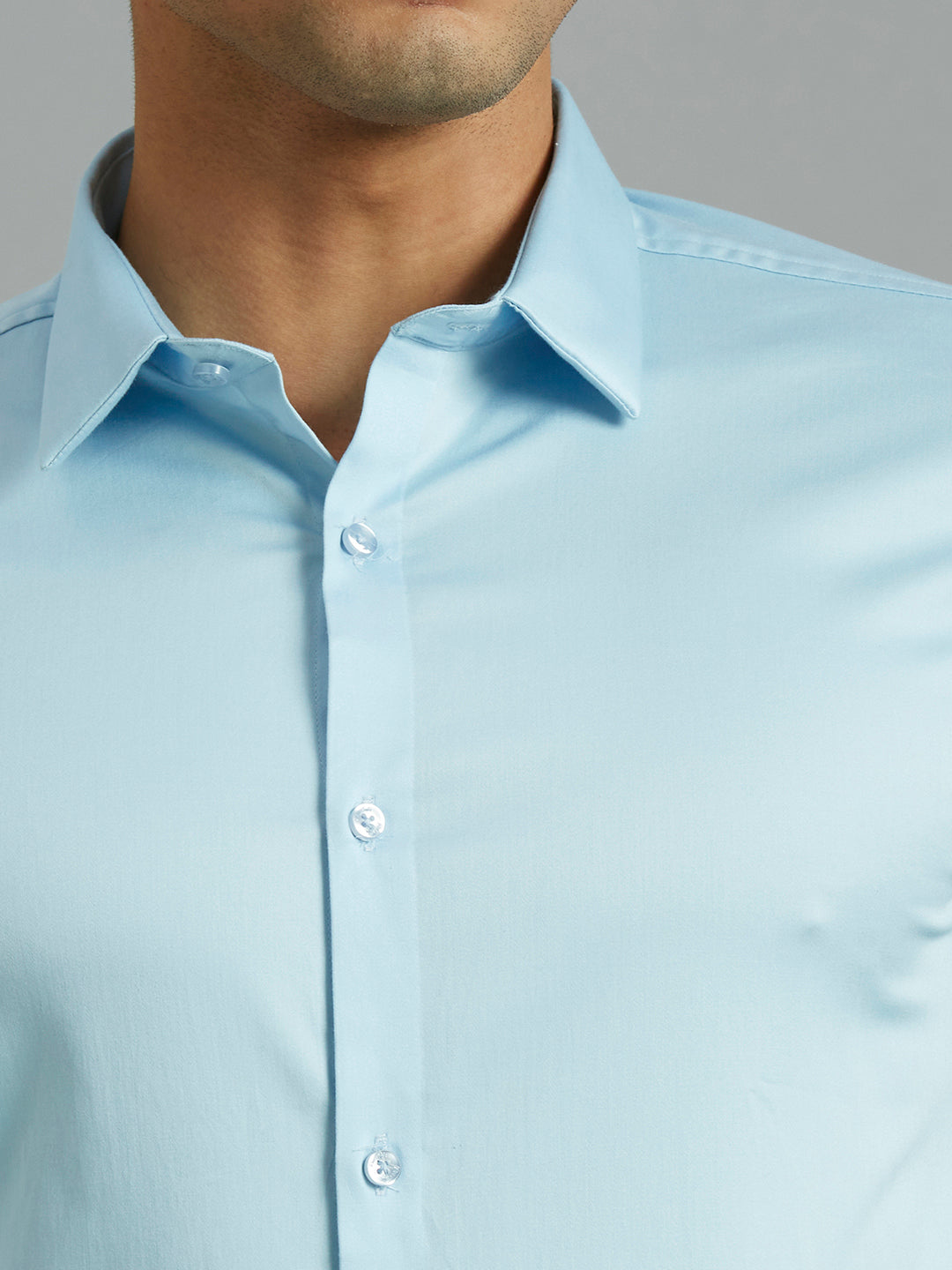 Light Blue Solid 60'S Satin Lycra Slim Fit Formal Full Sleeve Shirt