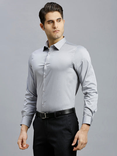 Men's Cotton Stretch Plain Slim Fit Full Sleeve Formal Shirt - Light Grey