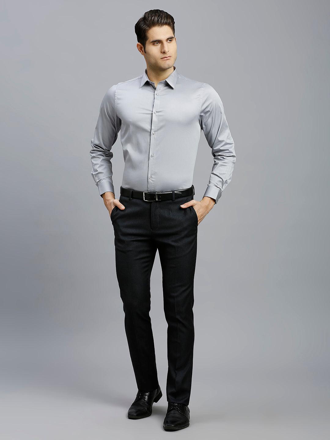 Light Grey Solid 60'S Satin Lycra Slim Fit Formal Full Sleeve Shirt