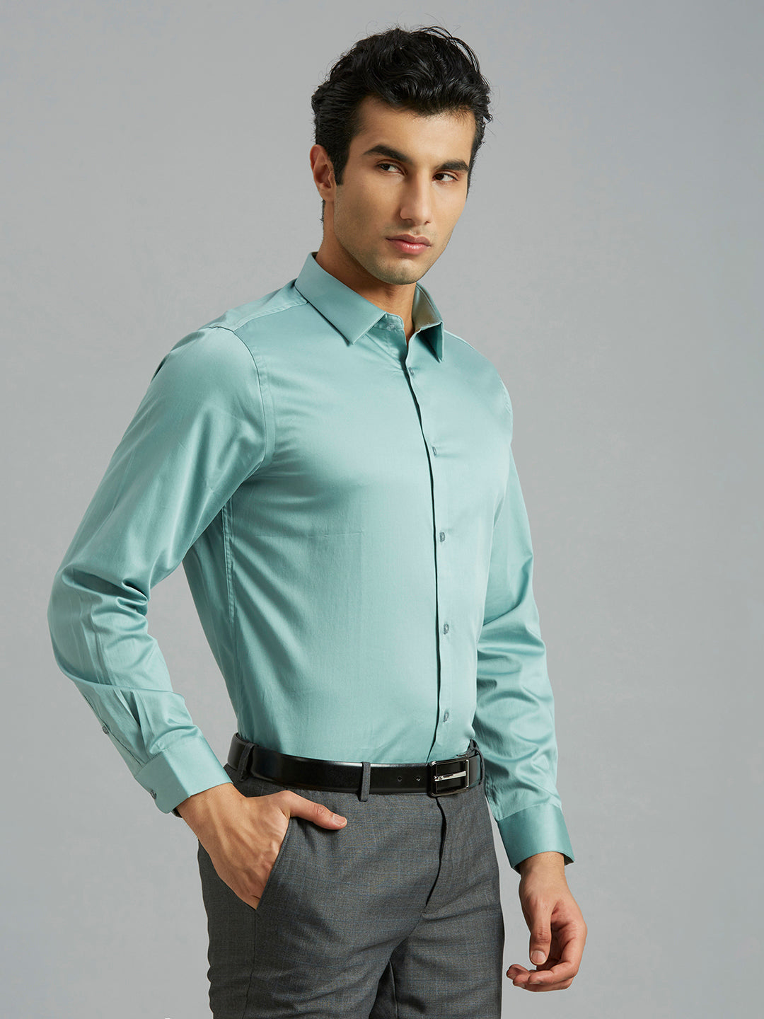 Mint Green Solid 60'S Satin Lycra Slim Fit Formal Full Sleeve Shirt
