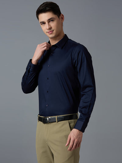 Men's Cotton Stretch Plain Slim Fit Full Sleeve Formal Shirt - Blue
