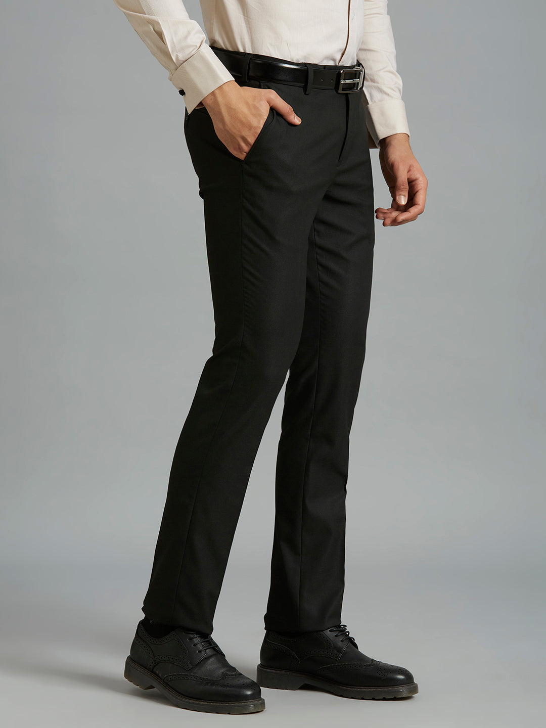 Black Plain Poly Viscose Elastane Auto Fit Formal Cross Pocket Trouser
