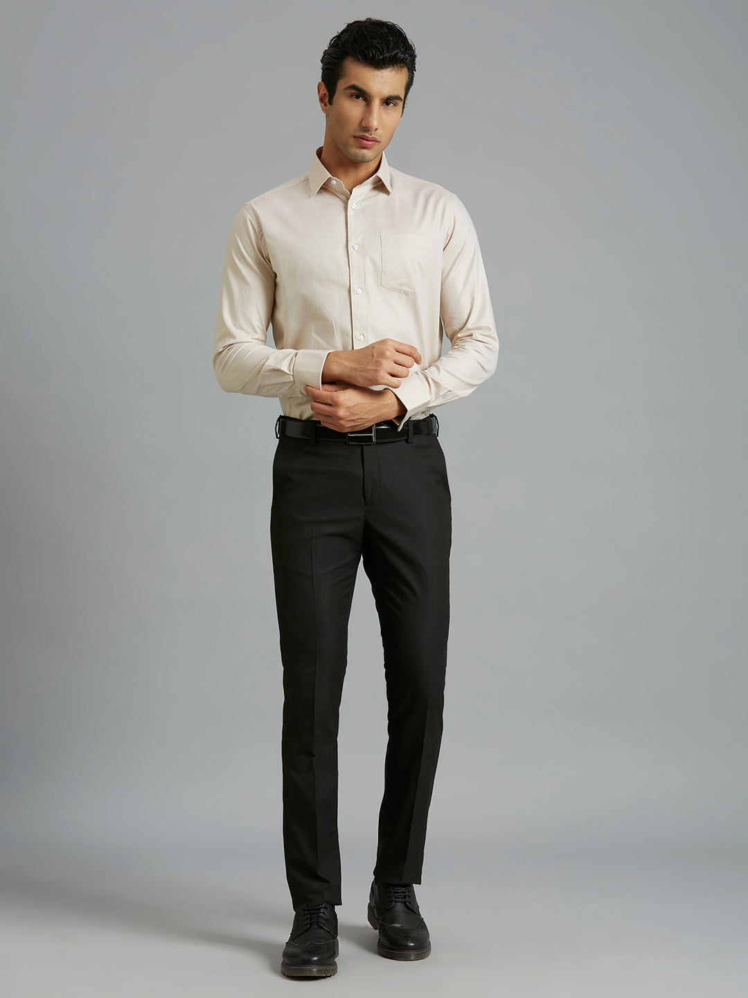 Black Plain Poly Viscose Elastane Auto Fit Formal Cross Pocket Trouser