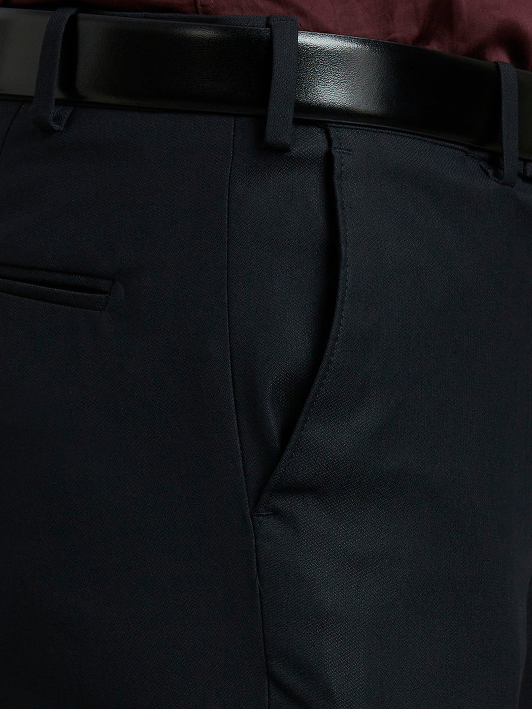 Dark Navy Plain Poly Viscose Elastane Auto Fit Formal Cross Pocket Trouser