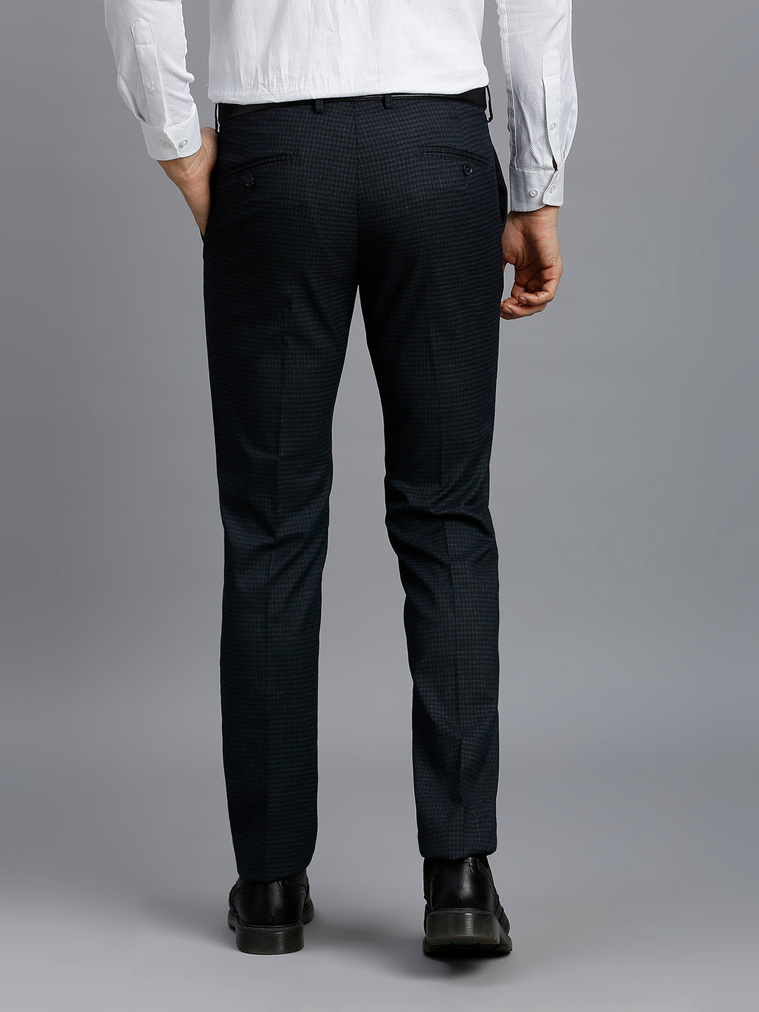 Blue Plain Poly Viscose Elastane Auto Fit Formal Cross Pocket Trouser