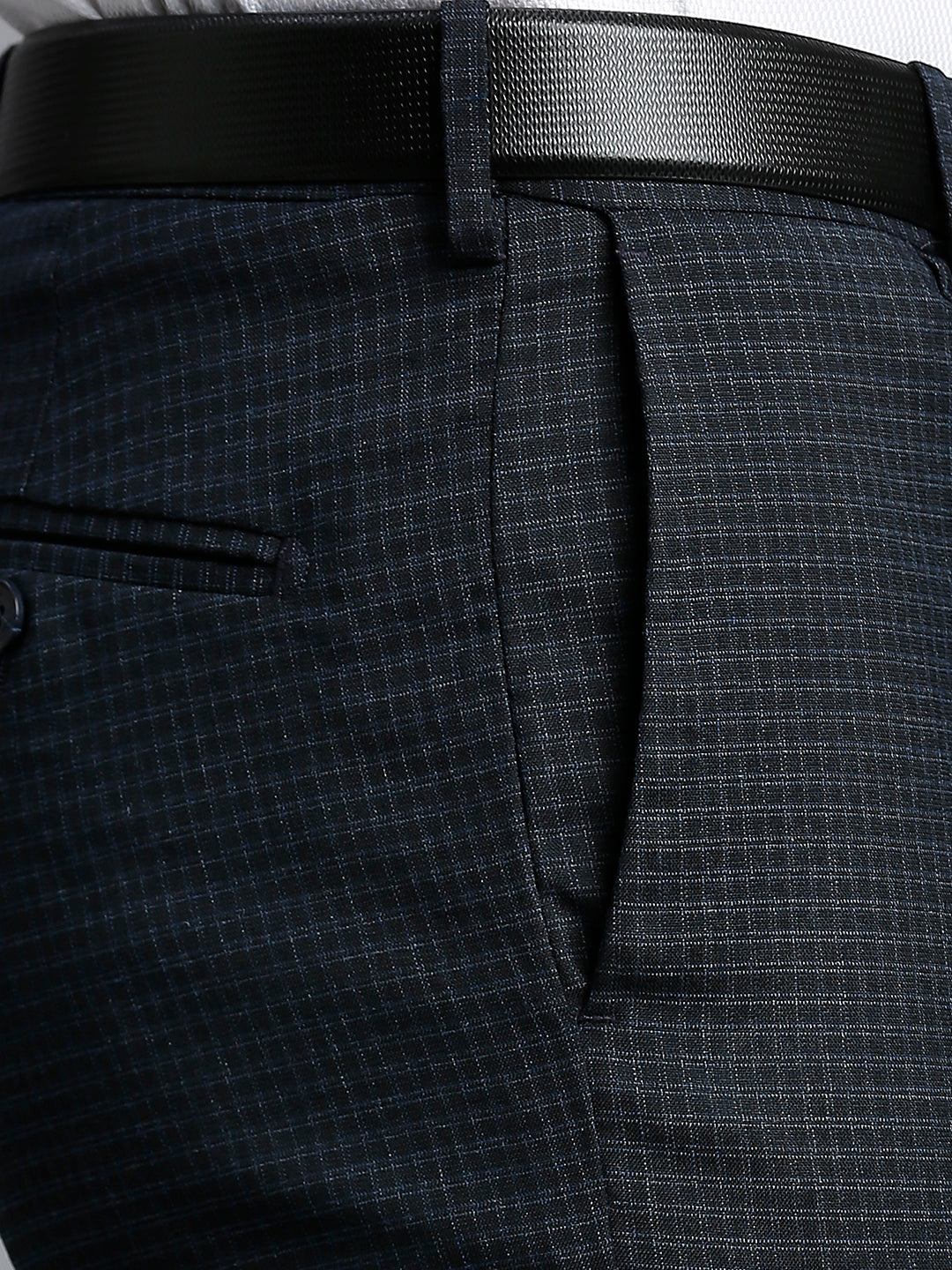 Blue Plain Poly Viscose Elastane Auto Fit Formal Cross Pocket Trouser