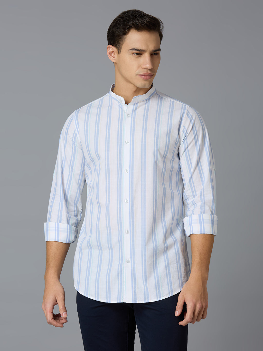 White & Blue Stripe 100% Cotton Slim Fit Casual Roll Up Full Sleeve Shirts