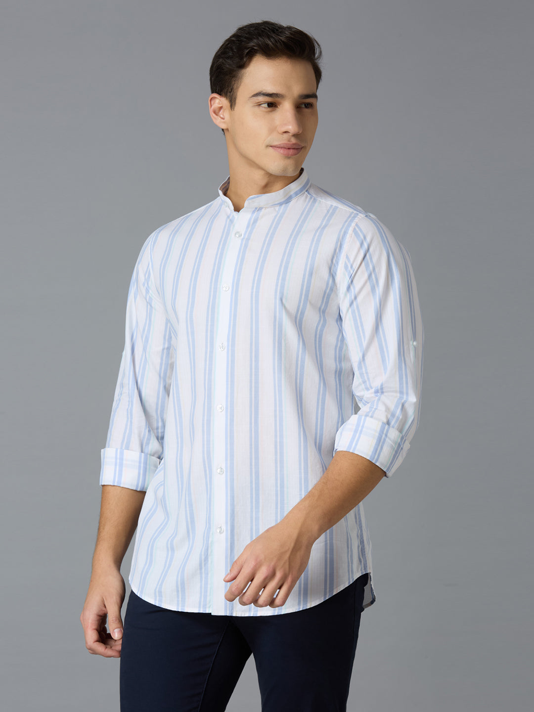 White & Blue Stripe 100% Cotton Slim Fit Casual Roll Up Full Sleeve Shirts