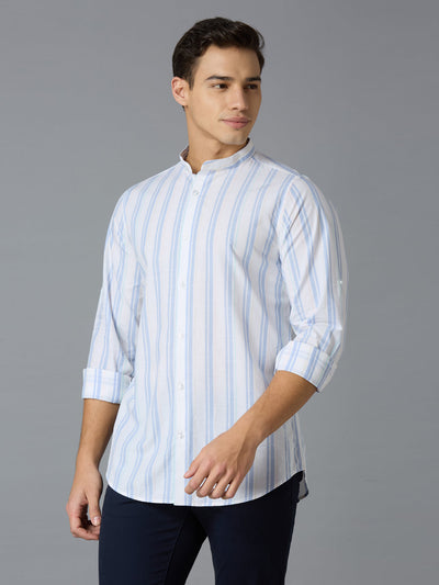 Men's Pure Cotton Stripe Stripe Slim Fit Roll-Up Full Sleeve Casual Shirt - White & Blue
