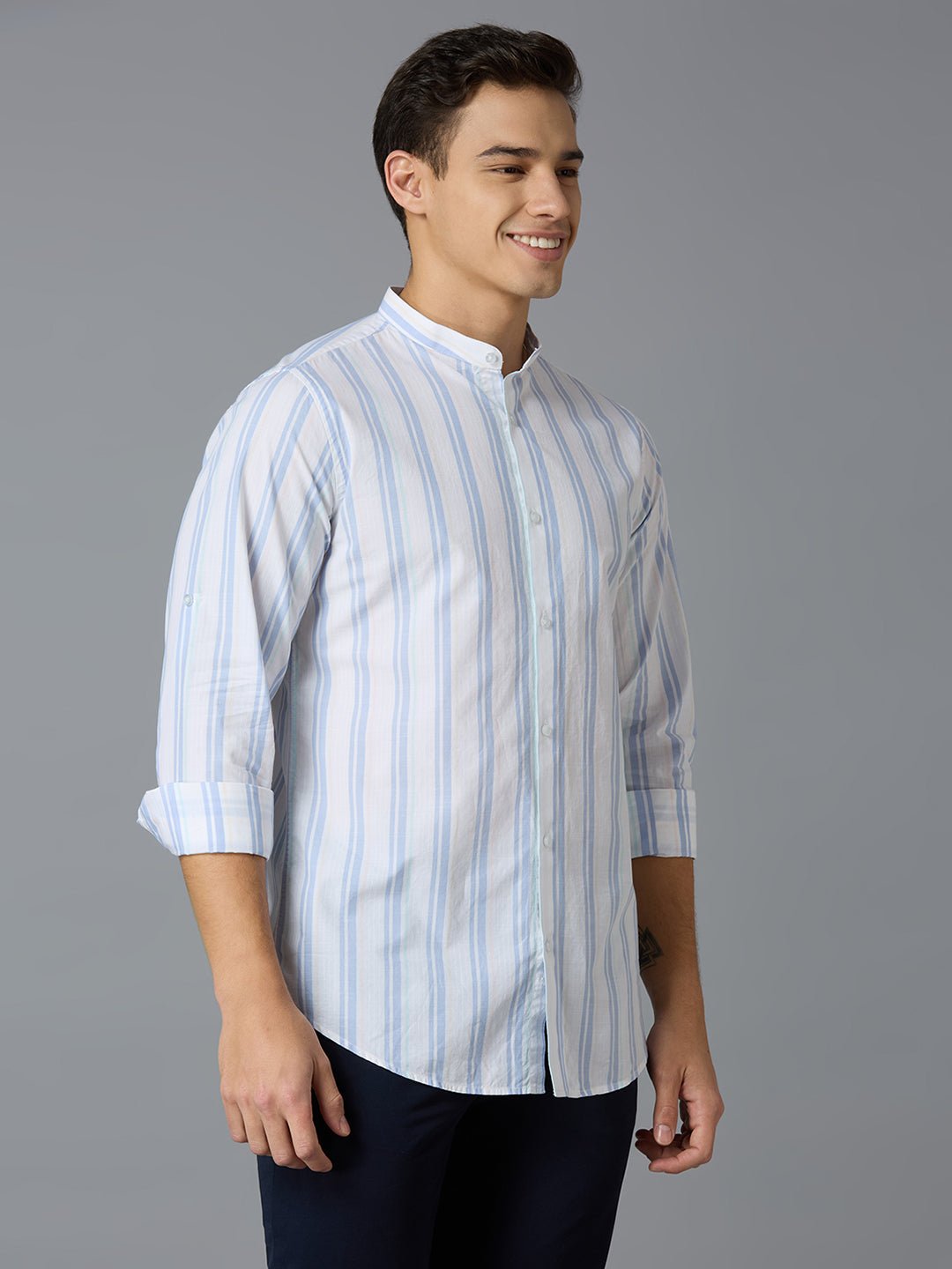 White & Blue Stripe 100% Cotton Slim Fit Casual Roll Up Full Sleeve Shirts