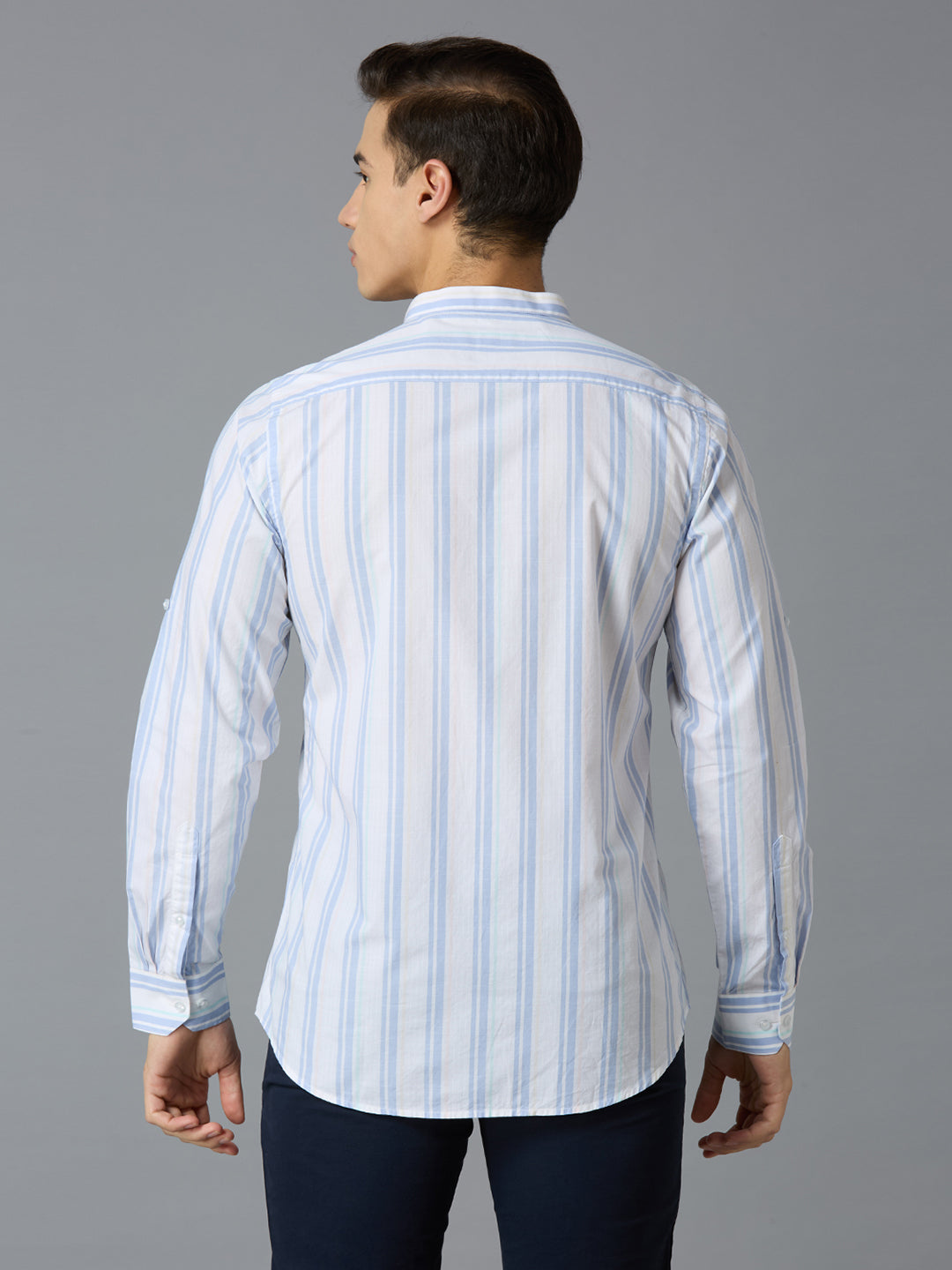 White & Blue Stripe 100% Cotton Slim Fit Casual Roll Up Full Sleeve Shirts