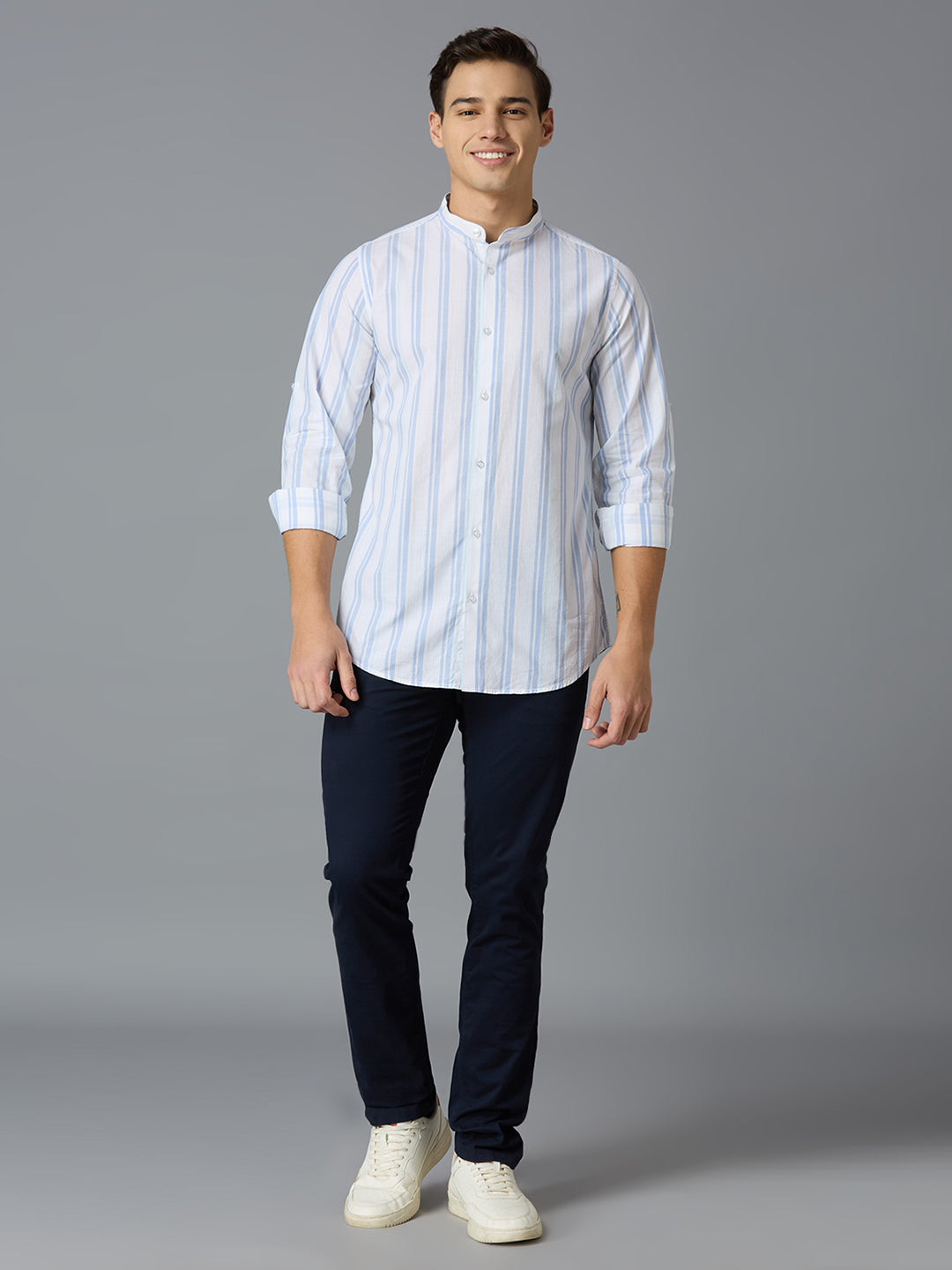 White & Blue Stripe 100% Cotton Slim Fit Casual Roll Up Full Sleeve Shirts