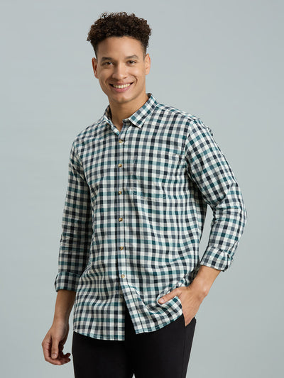 Men's Pure Cotton Checks Slim Fit Full Sleeve Casual Shirt - White & Black