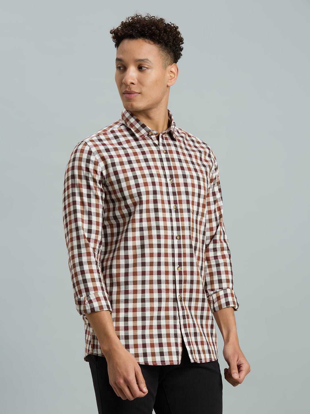 White & Brown Checks 100% Cotton Slim Fit Casual Full Sleeve Shirts