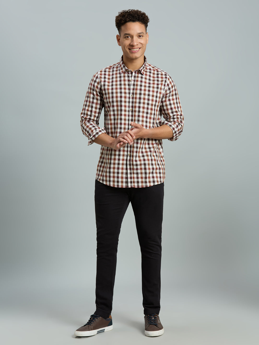 White & Brown Checks 100% Cotton Slim Fit Casual Full Sleeve Shirts