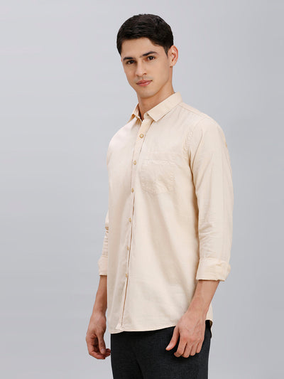 Men's Pure Cotton Fil a Fil Slim Fit Full Sleeve Casual Shirt - Beige