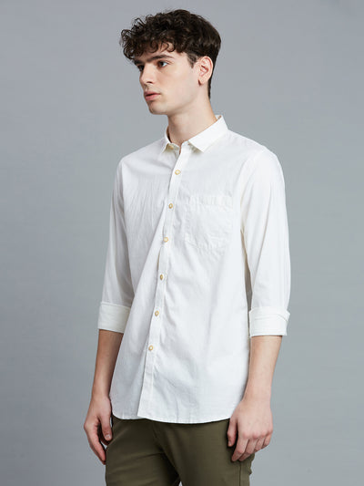 Men's Pure Cotton Fil a Fil Slim Fit Full Sleeve Casual Shirt - Off White