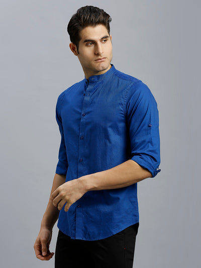Men's Pure Cotton Dobby Y/D Dobby Y/D Slim Fit Roll-Up Full Sleeve Casual Shirt - Dark Blue