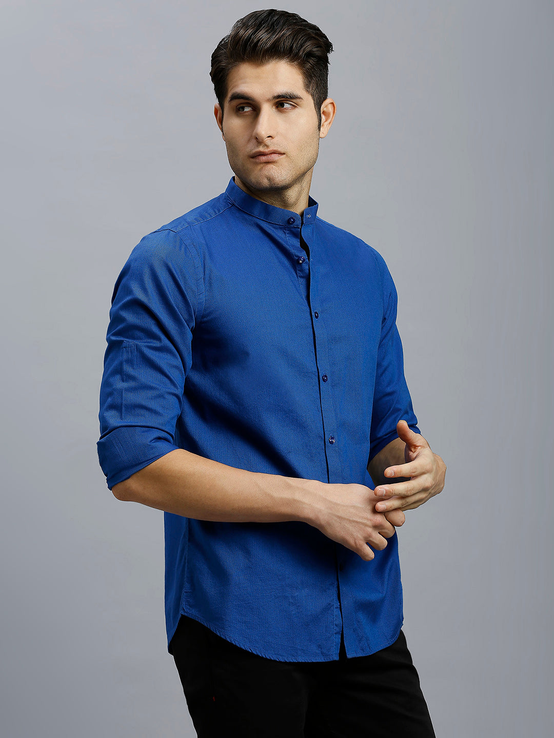 Dark Blue Dobby Y/D 100% Cotton Slim Fit Casual Roll Up Full Sleeve Shirts