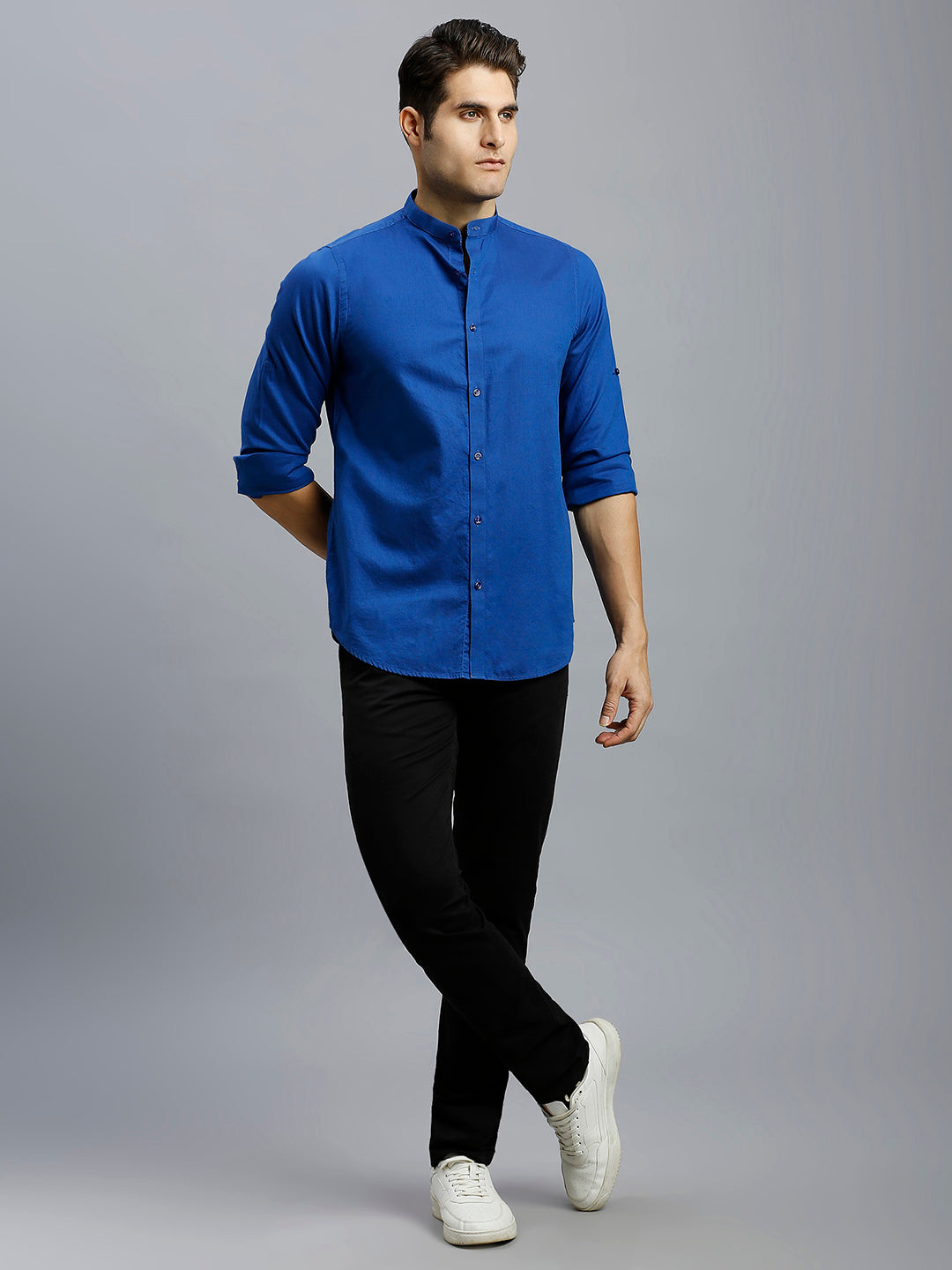 Dark Blue Dobby Y/D 100% Cotton Slim Fit Casual Roll Up Full Sleeve Shirts
