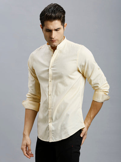 Yellow Dobby Y/D 100% Cotton Slim Fit Casual Roll Up Full Sleeve Shirts
