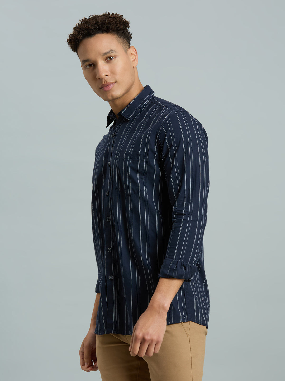 Navy Blue Stripe 100% Cotton Slim Fit Casual Full Sleeve Shirt