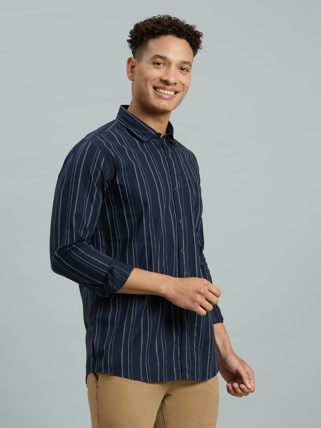 Navy Blue Stripe 100% Cotton Slim Fit Casual Full Sleeve Shirt