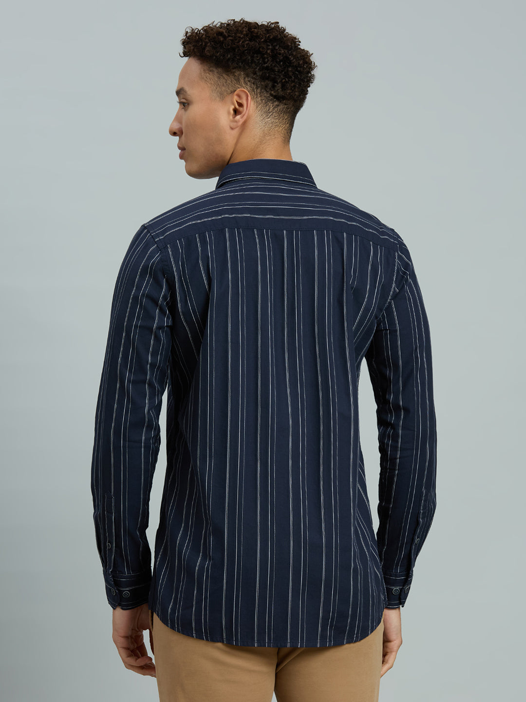Navy Blue Stripe 100% Cotton Slim Fit Casual Full Sleeve Shirt