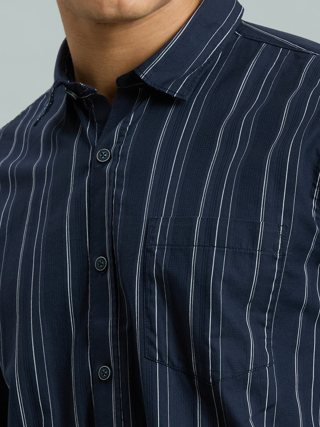 Navy Blue Stripe 100% Cotton Slim Fit Casual Full Sleeve Shirt