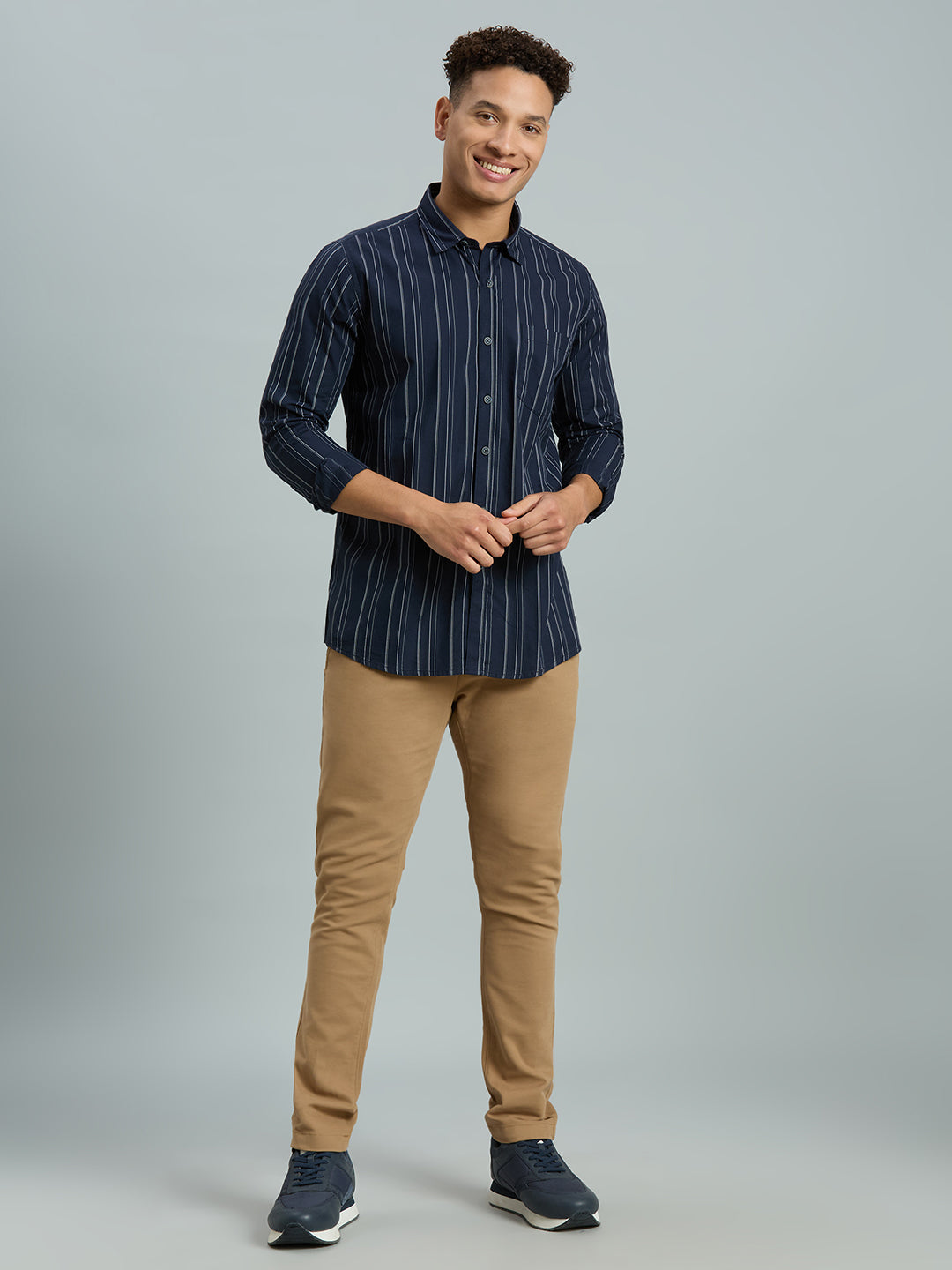Navy Blue Stripe 100% Cotton Slim Fit Casual Full Sleeve Shirt