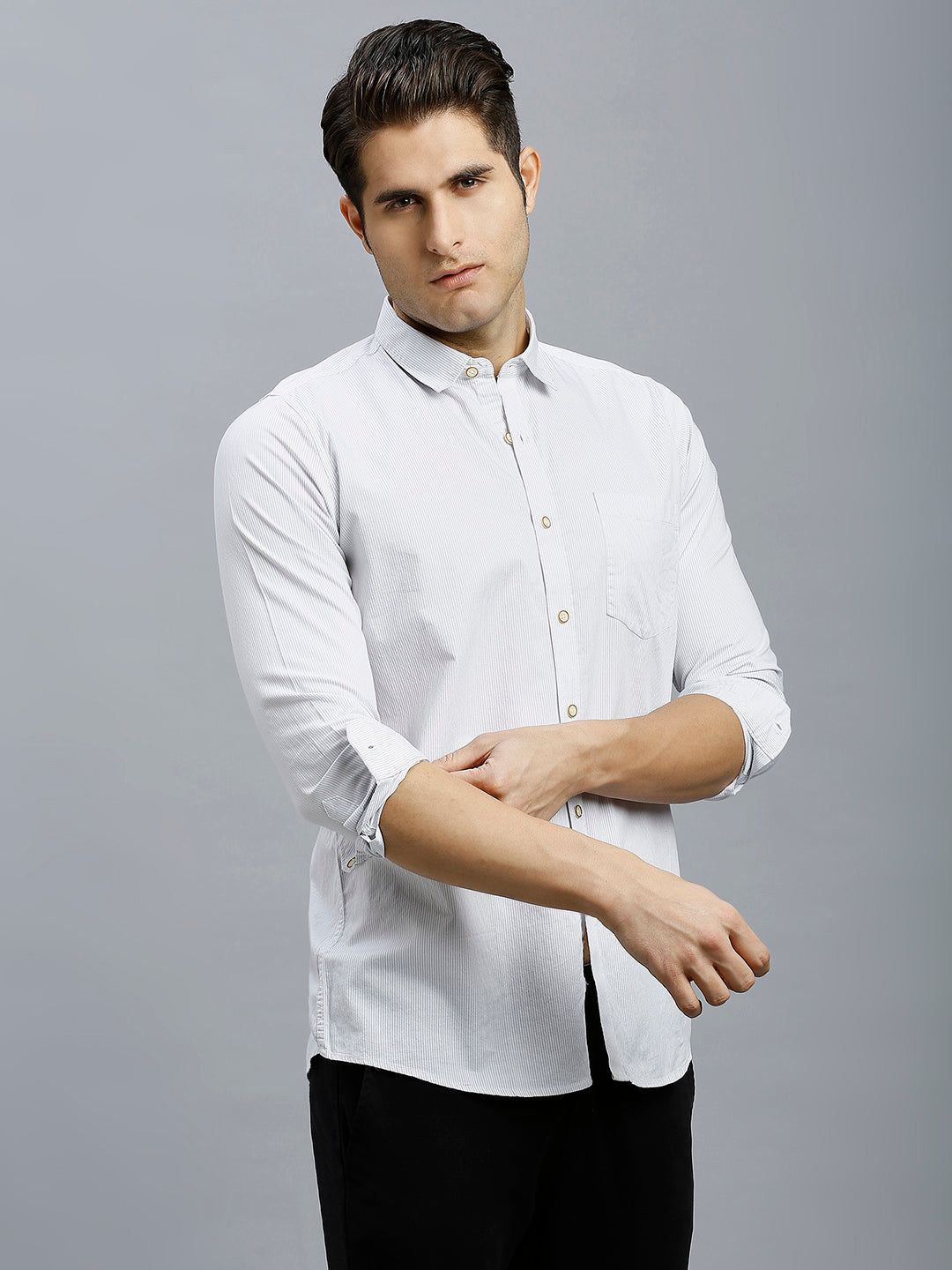 White & Grey Stripe 100% Cotton Slim Fit Casual Full Sleeve Shirt