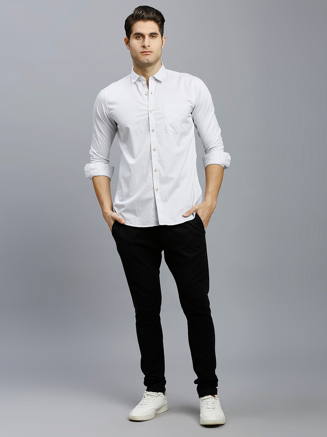 White & Grey Stripe 100% Cotton Slim Fit Casual Full Sleeve Shirt