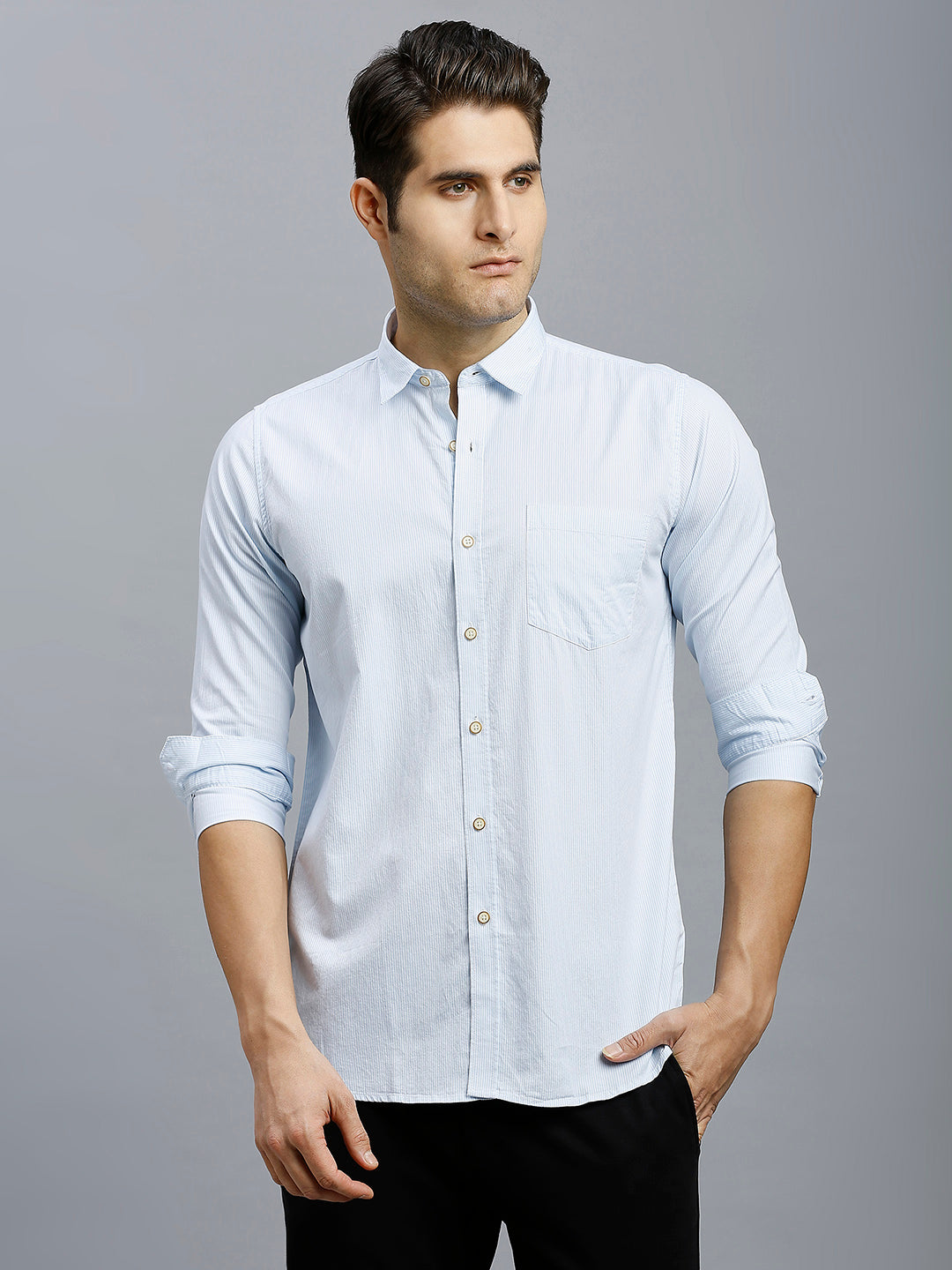 White & Sky Blue Stripe 100% Cotton Slim Fit Casual Full Sleeve Shirt