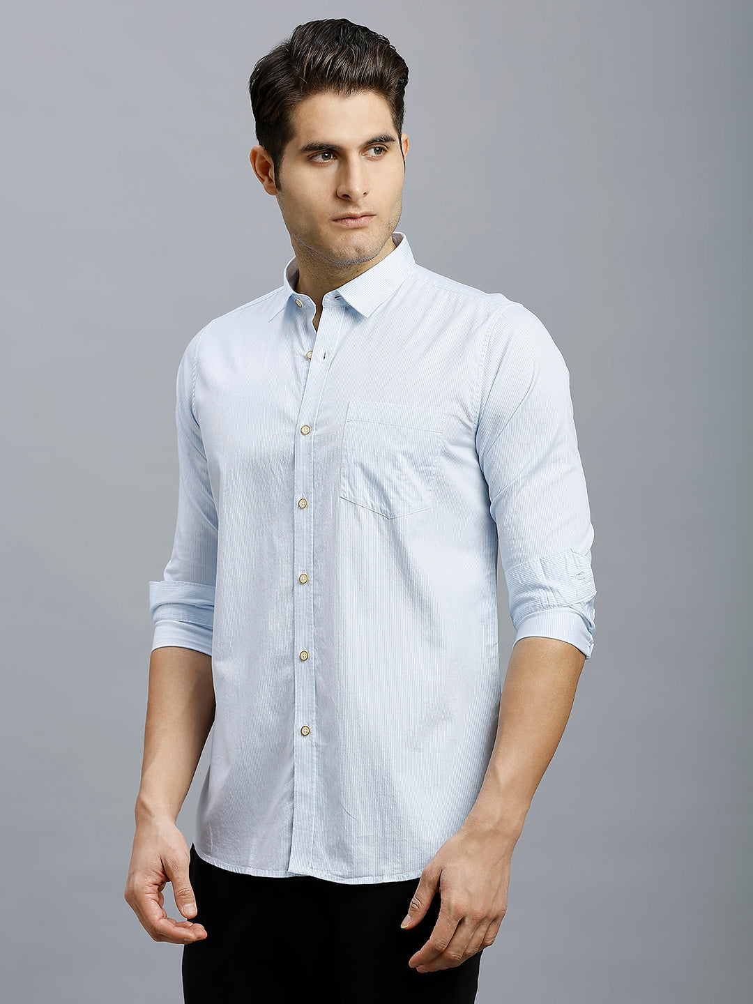 White & Sky Blue Stripe 100% Cotton Slim Fit Casual Full Sleeve Shirt