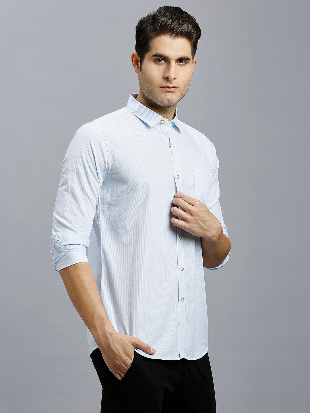 White & Sky Blue Stripe 100% Cotton Slim Fit Casual Full Sleeve Shirt