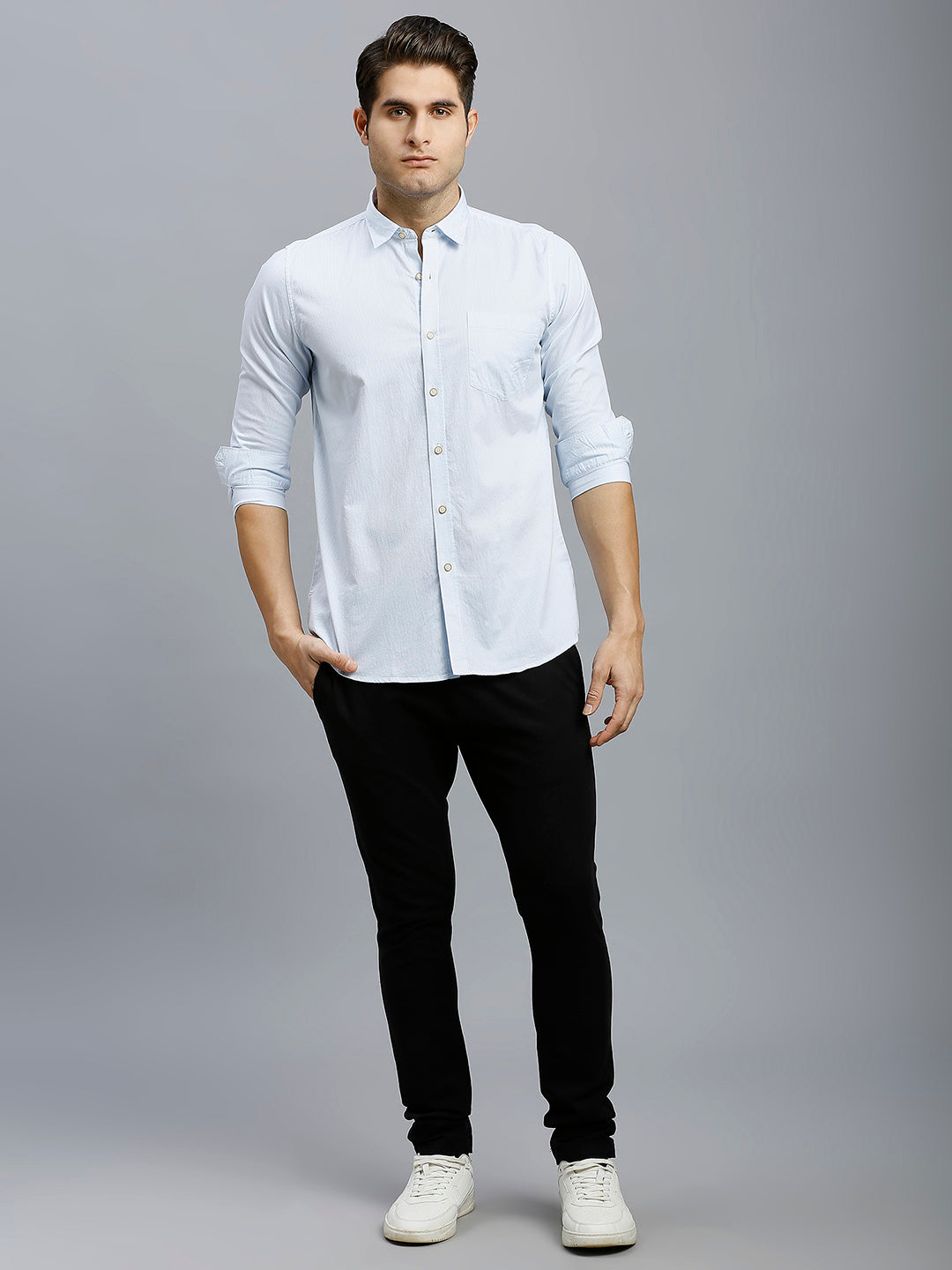 White & Sky Blue Stripe 100% Cotton Slim Fit Casual Full Sleeve Shirt