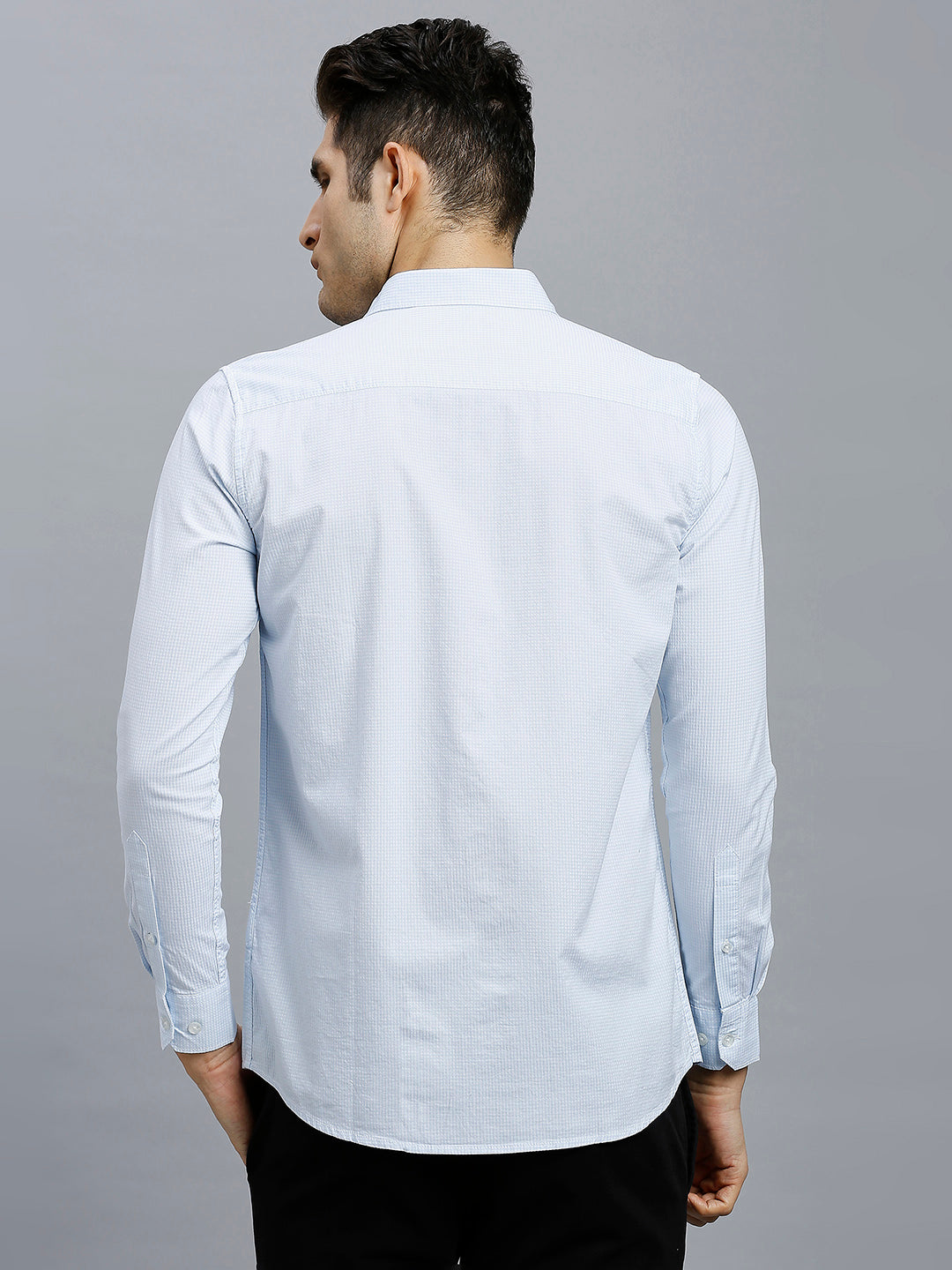 White & Sky Blue Checks 100% Cotton Slim Fit Casual Full Sleeve Shirt