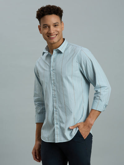 Men's Pure Cotton Stripe Stripe Slim Fit Full Sleeve Casual Shirt - Blue